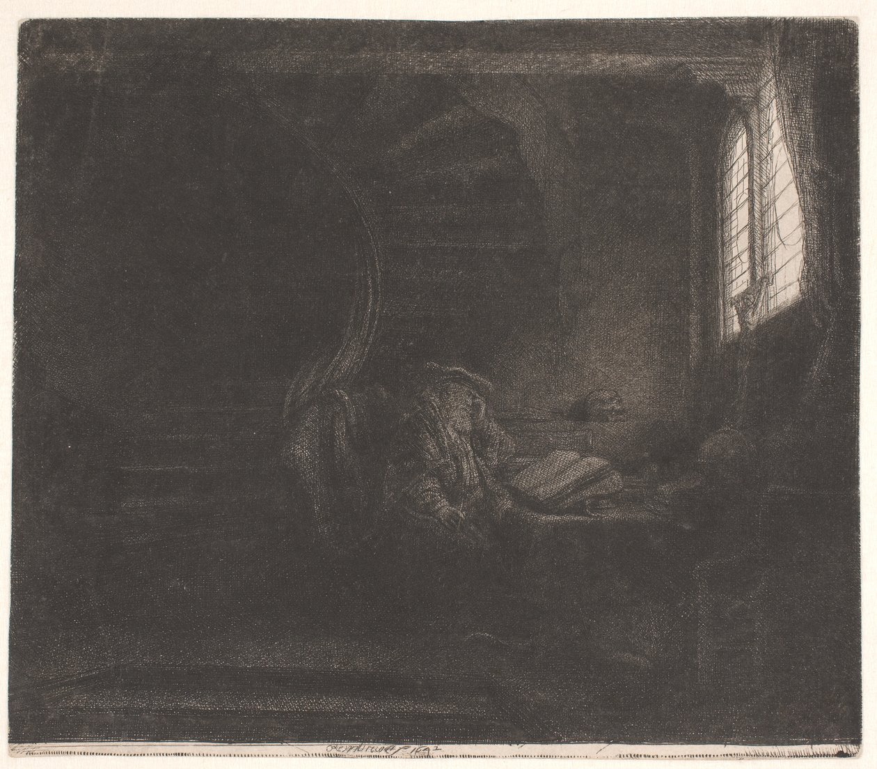 De heilige Hiëronymus in een donkere kamer door Rembrandt van Rijn