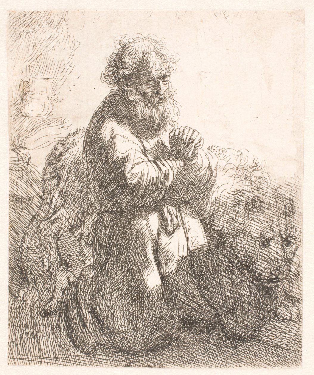 St. Hiëronymus knielend in gebed, naar beneden kijkend door Rembrandt van Rijn