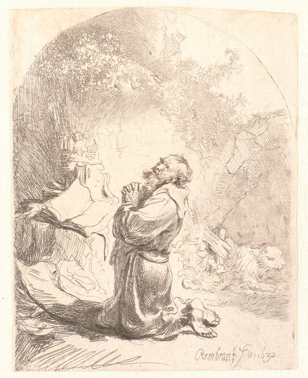 St. Jerome biddend: gebogen prent door Rembrandt van Rijn