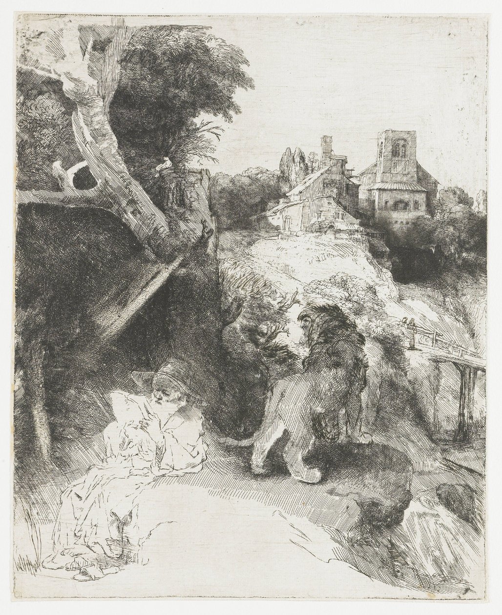 De heilige Hiëronymus, lezend in een Italiaans landschap door Rembrandt van Rijn