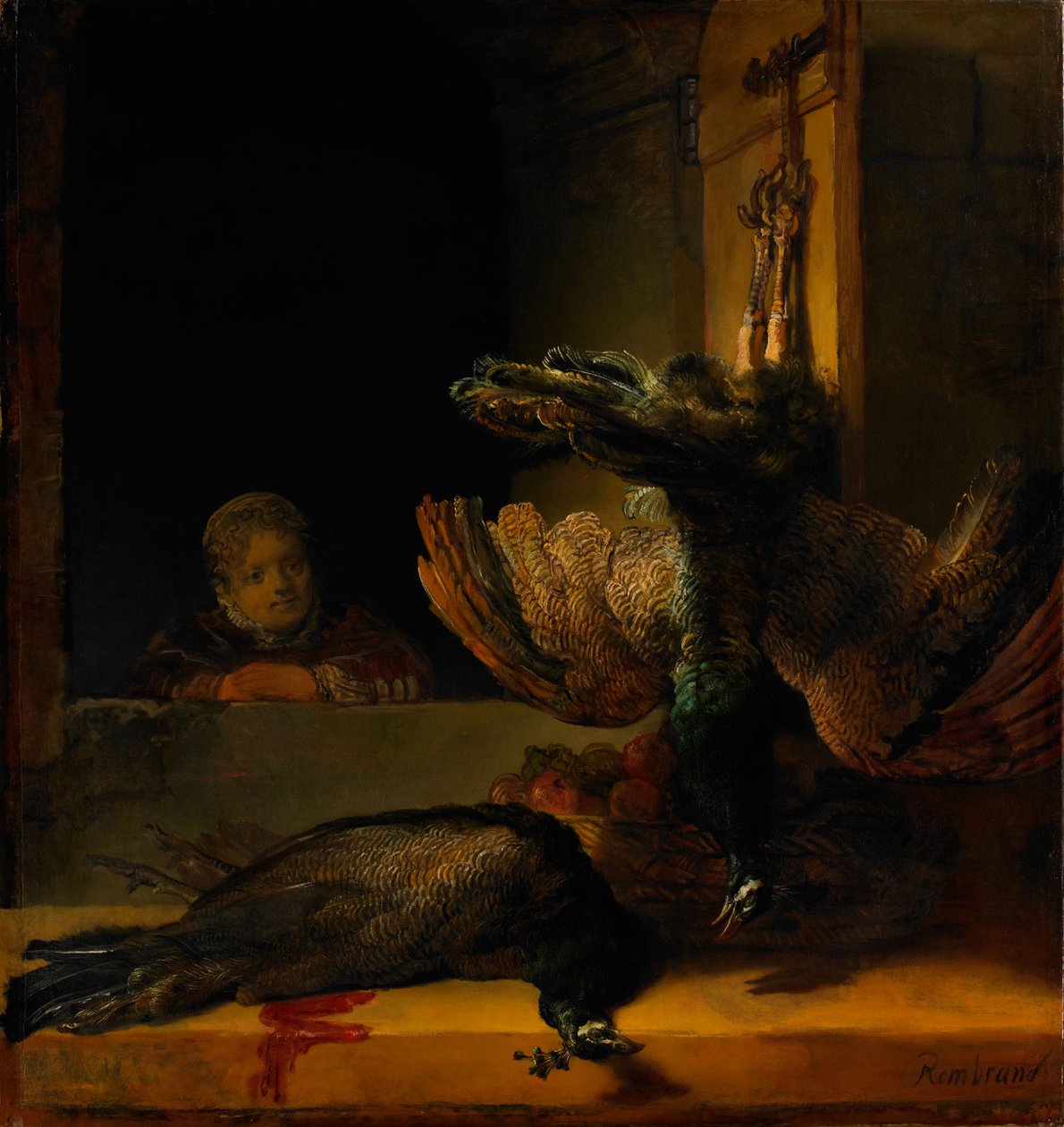 Stilleven met twee pauwen en een meisje, ca. 1639 door Rembrandt van Rijn