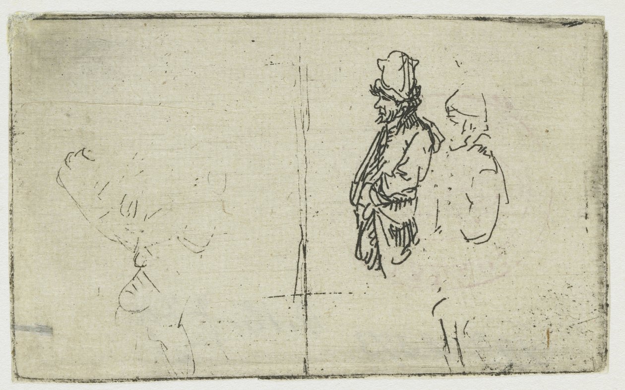 Studieblad met twee schetsen, één van twee boeren door Rembrandt van Rijn
