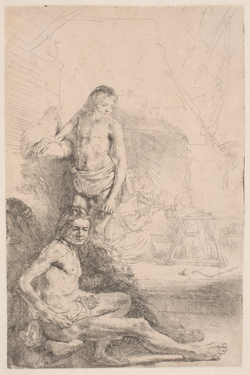 Naaktstudies: een zittende man en een staande man, met op de achtergrond een vrouw en een baby, subtiel geschetst door Rembrandt van Rijn