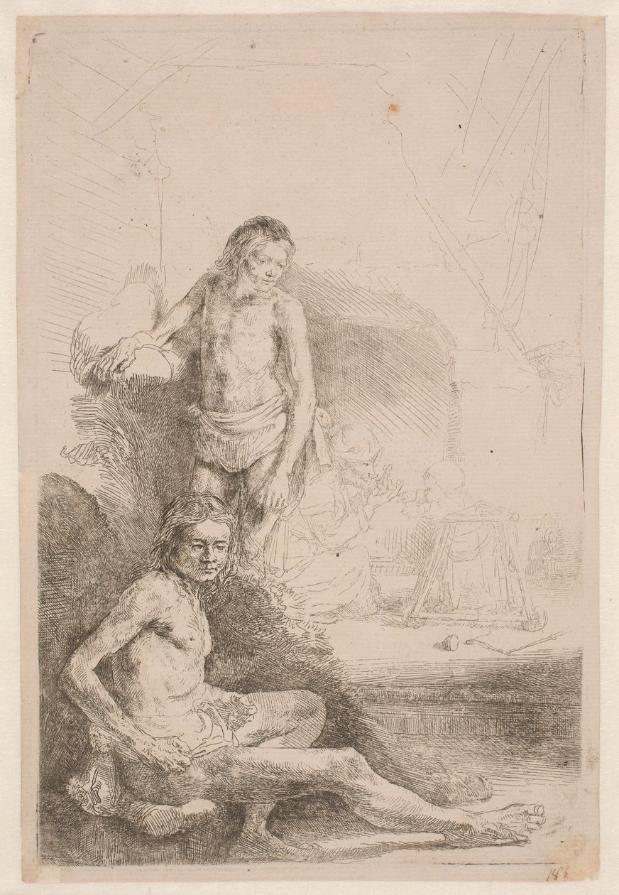 Naaktstudies: een zittende man en een staande man, met op de achtergrond een vrouw en een baby, subtiel geschetst door Rembrandt van Rijn