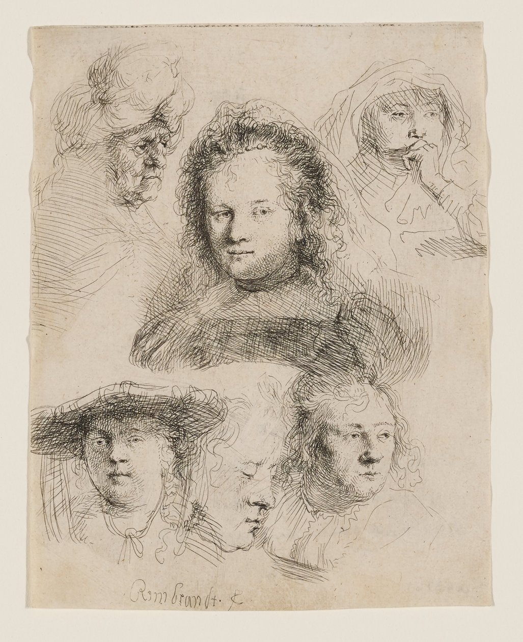 Studies naar het hoofd van Saskia en andere figuren door Rembrandt van Rijn