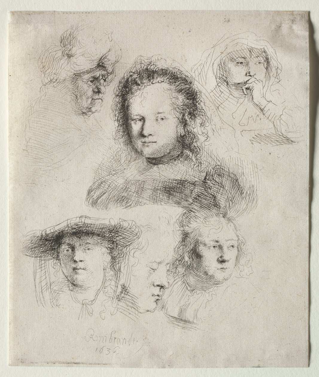 Studies van het hoofd van Saskia en anderen, 1636 door Rembrandt van Rijn