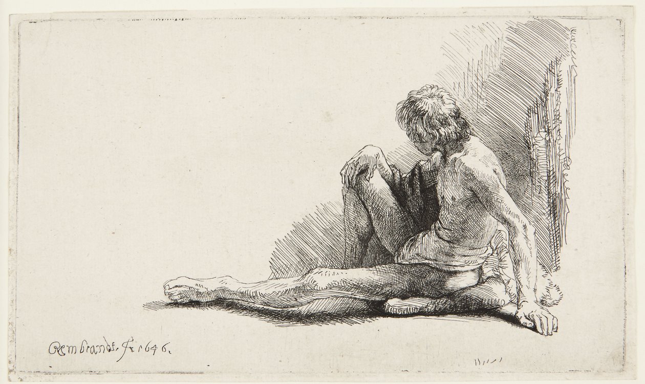 Studie naar het naakt (Man zittend op de grond) (Bartsch 196, tweede van twee versies; H. 221; Muntz 137 II) door Rembrandt van Rijn