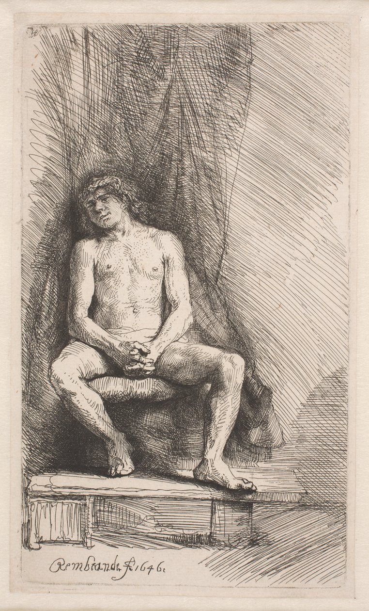 Naaktstudie: zittende man voor een gordijn door Rembrandt van Rijn