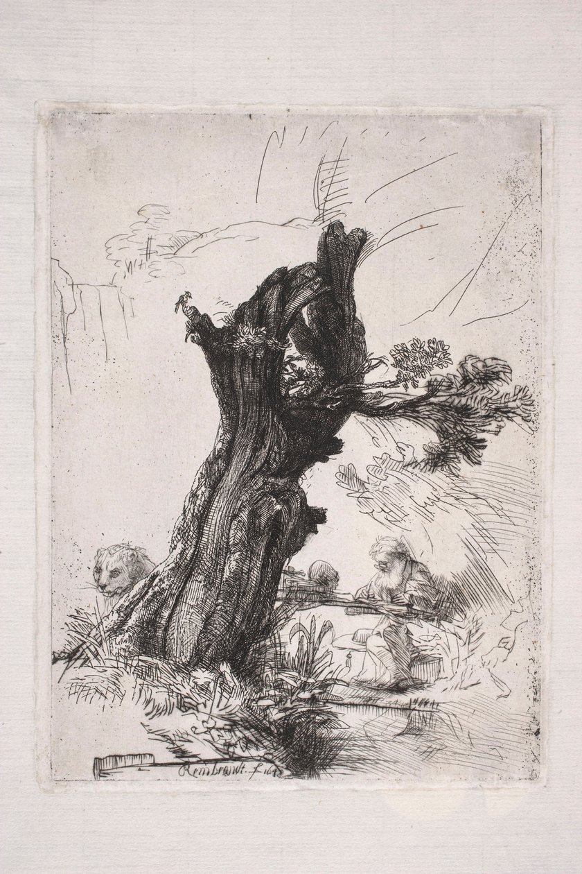 De heilige Hiëronymus, schrijvend bij een wilgenstam door Rembrandt van Rijn