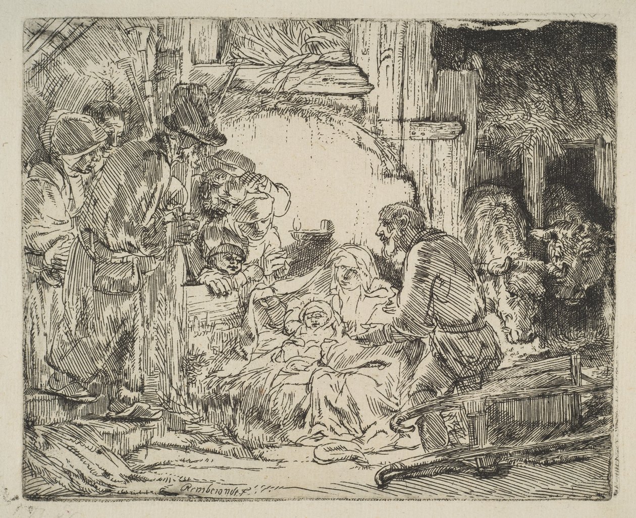 De aanbidding van de herders, met de lamp, ca. 1654 door Rembrandt van Rijn