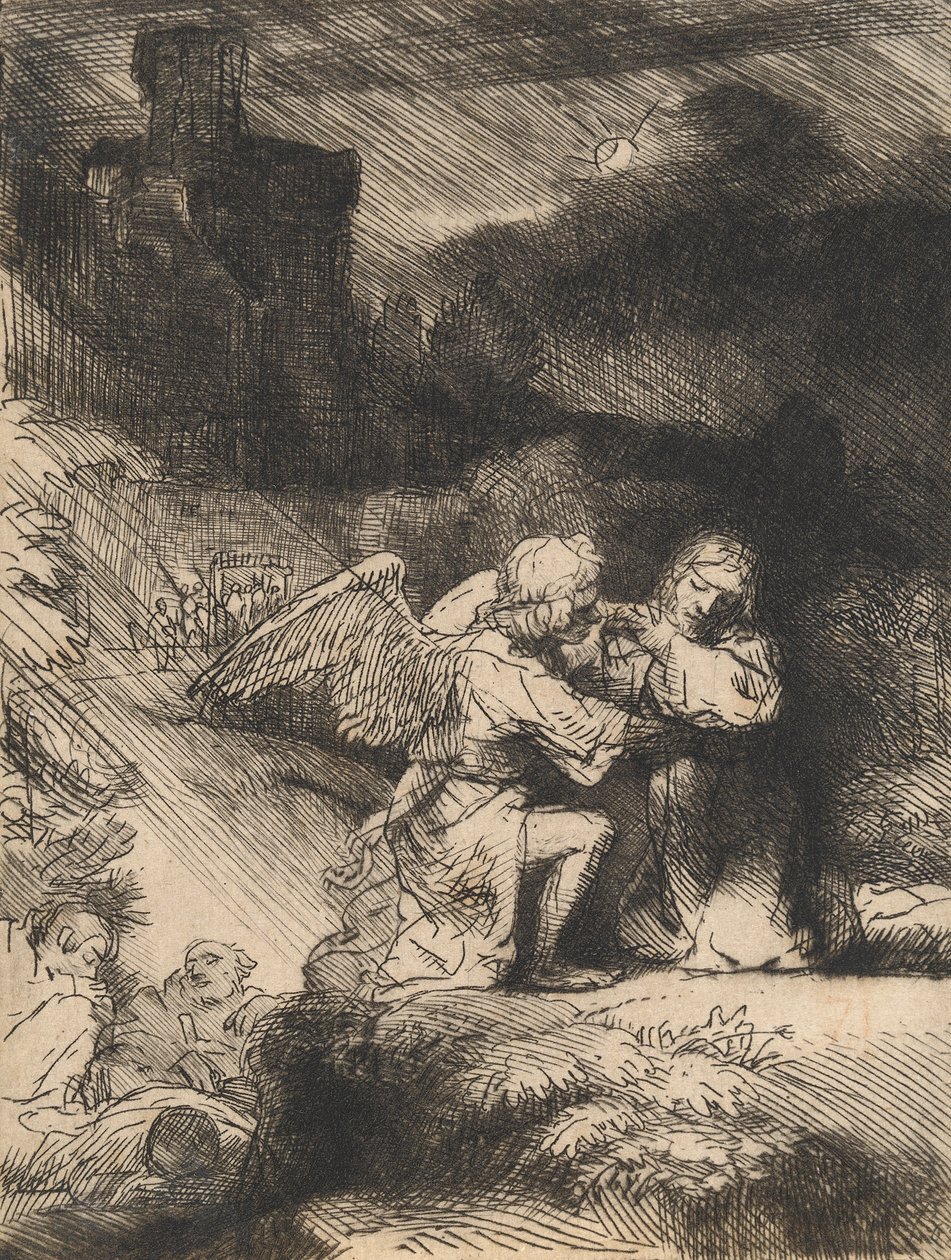 De Agonie in de tuin, ca. 1657 (ets en droge naald) door Rembrandt van Rijn