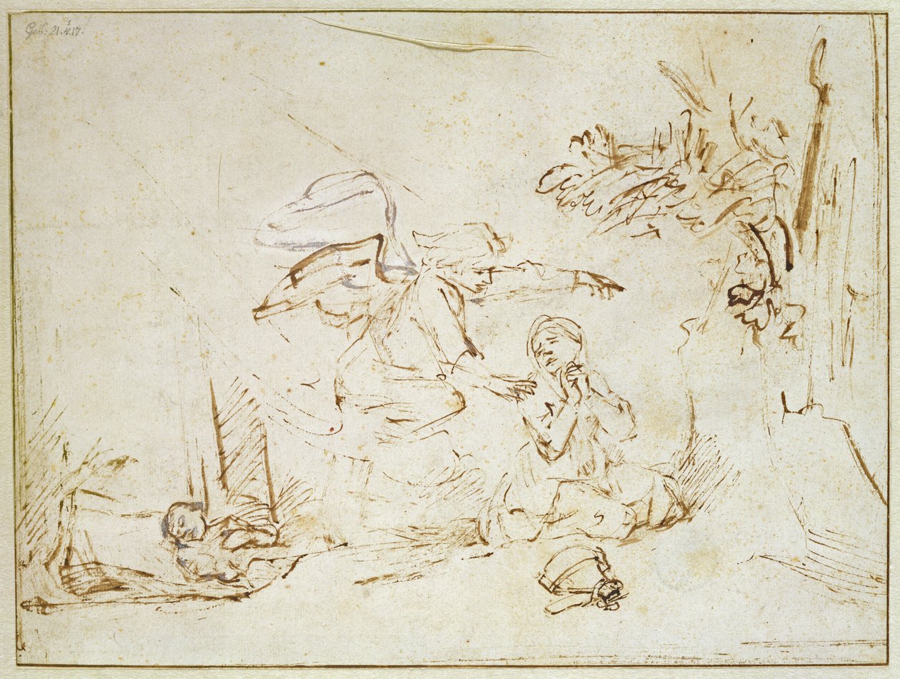 De engel verschijnt aan Hagar en Ismaël in de wildernis door Rembrandt van Rijn