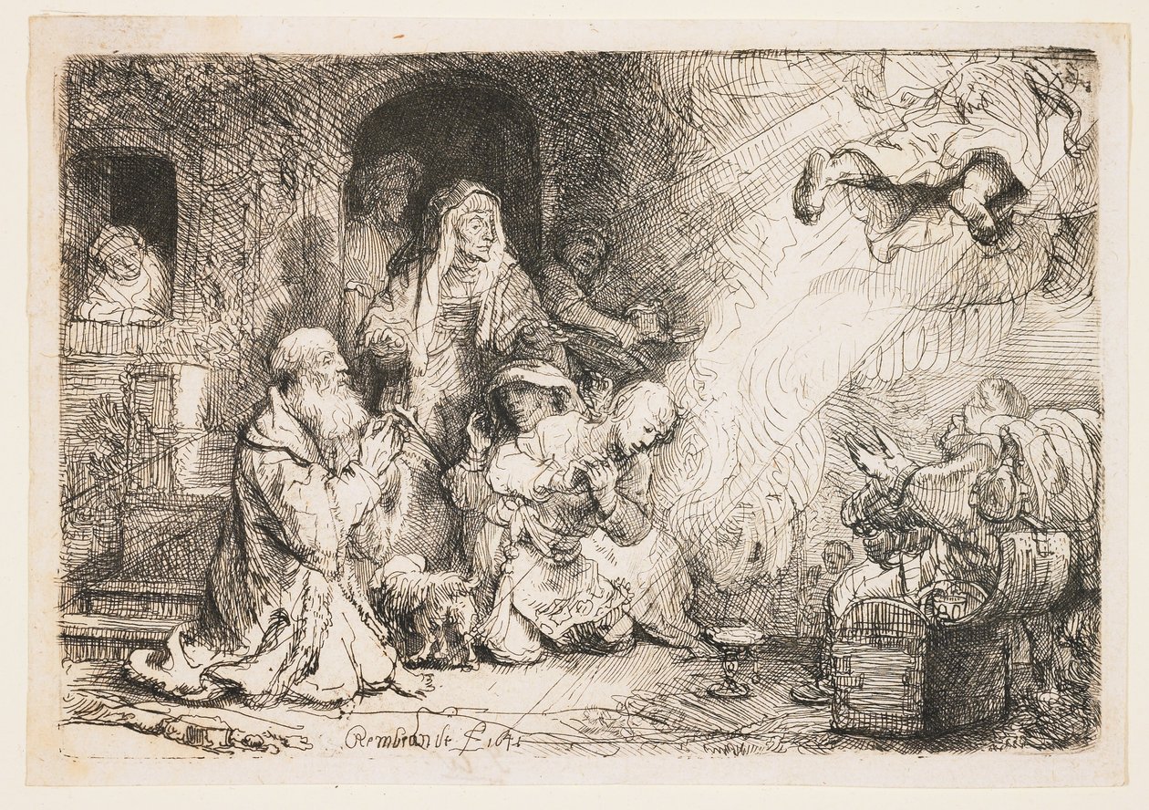 De engel vertrekt uit de familie van Tobias door Rembrandt van Rijn