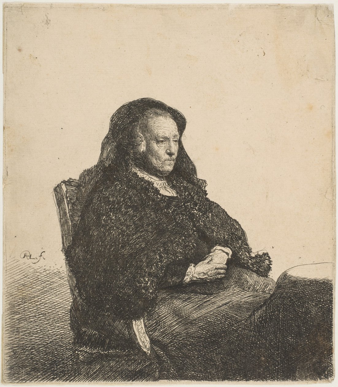 De Moeder van de Kunstenaar Zittend aan een Tafel, Kijkt Rechts: Driekwart Lengte door Rembrandt van Rijn