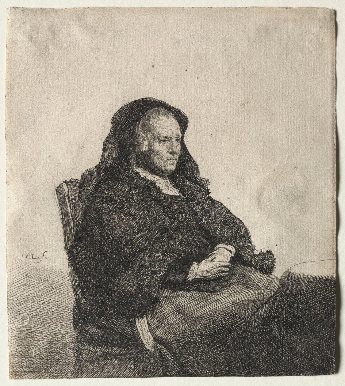 De moeder van de kunstenaar zittend aan een tafel, kijkend naar rechts: Driekwart lengte, ca. 1631 door Rembrandt van Rijn
