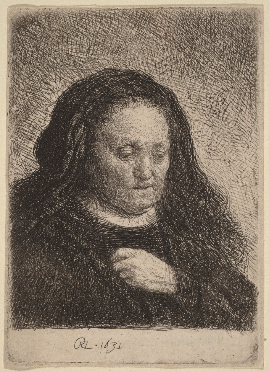 De moeder van de kunstenaar met haar hand op haar borst door Rembrandt van Rijn