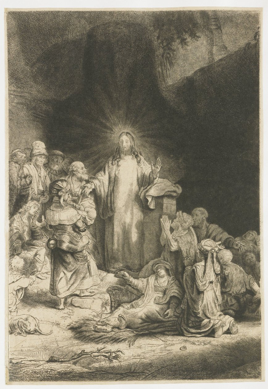 De Honderdguldenprent: het centrale deel met Christus die predikt door Rembrandt van Rijn