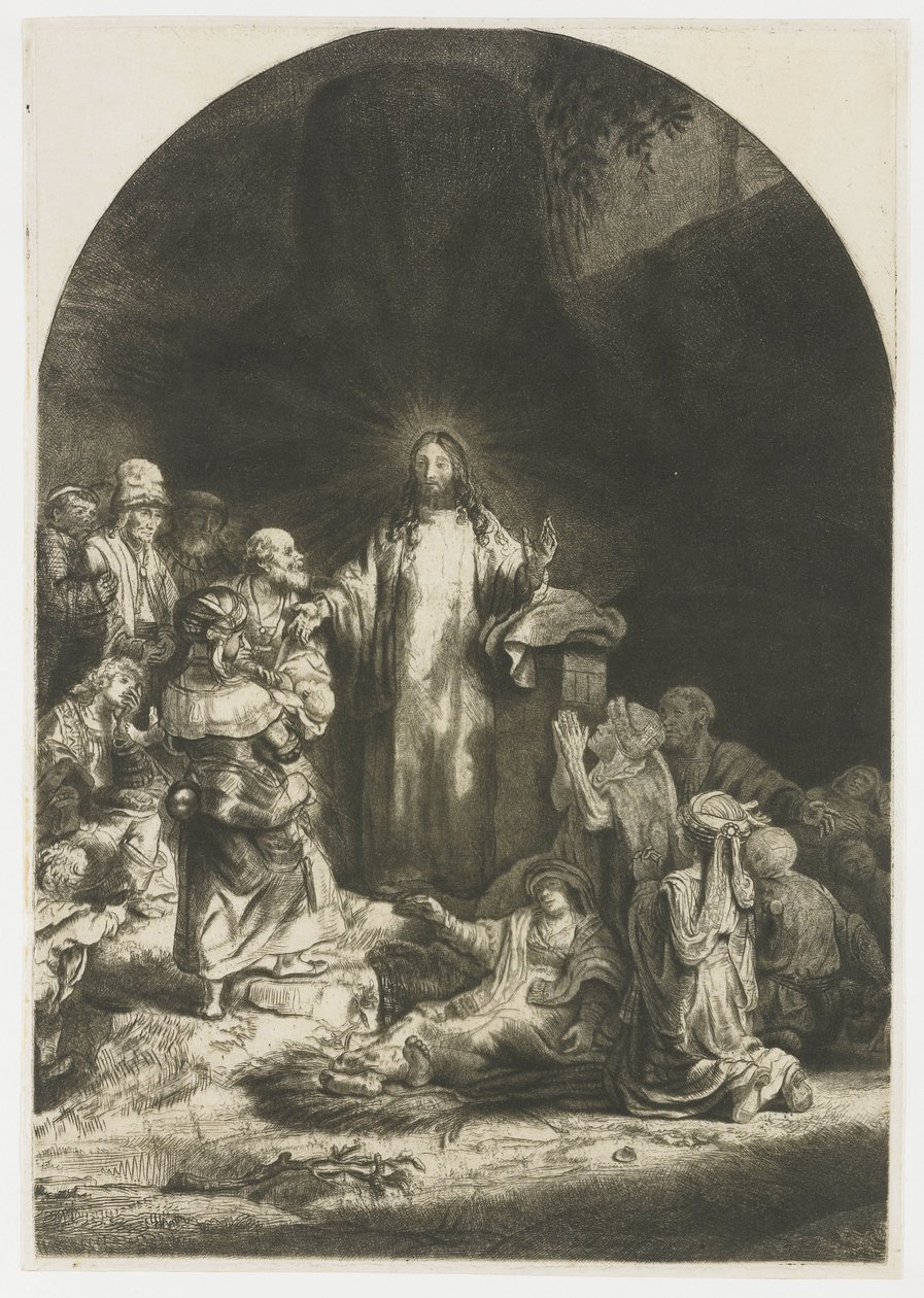 De Honderd Guldens Prent: het centrale stuk met Christus predikend, de plaat gebogen door Rembrandt van Rijn