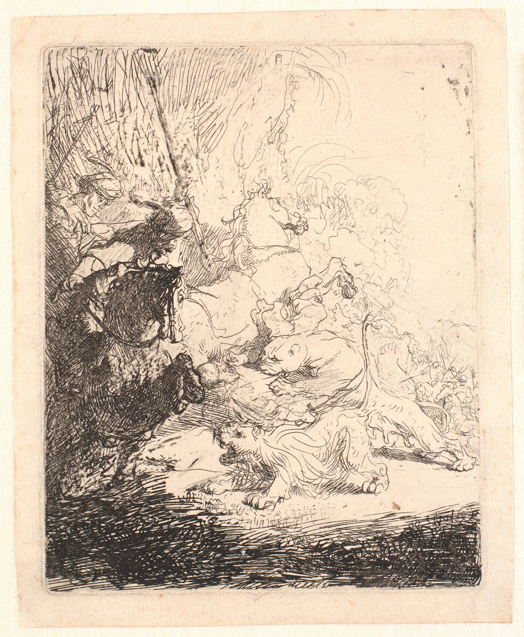 De kleine leeuwenjacht (met twee leeuwen) door Rembrandt van Rijn