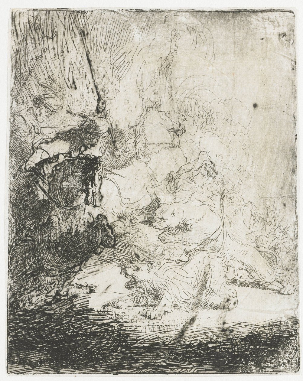 De jacht op de kleine leeuw, met twee leeuwen door Rembrandt van Rijn