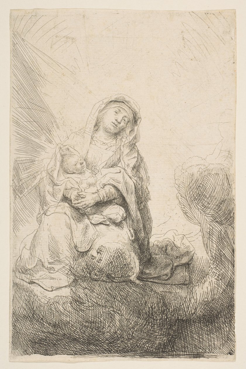 De Maagd en het Kind in de wolken door Rembrandt van Rijn