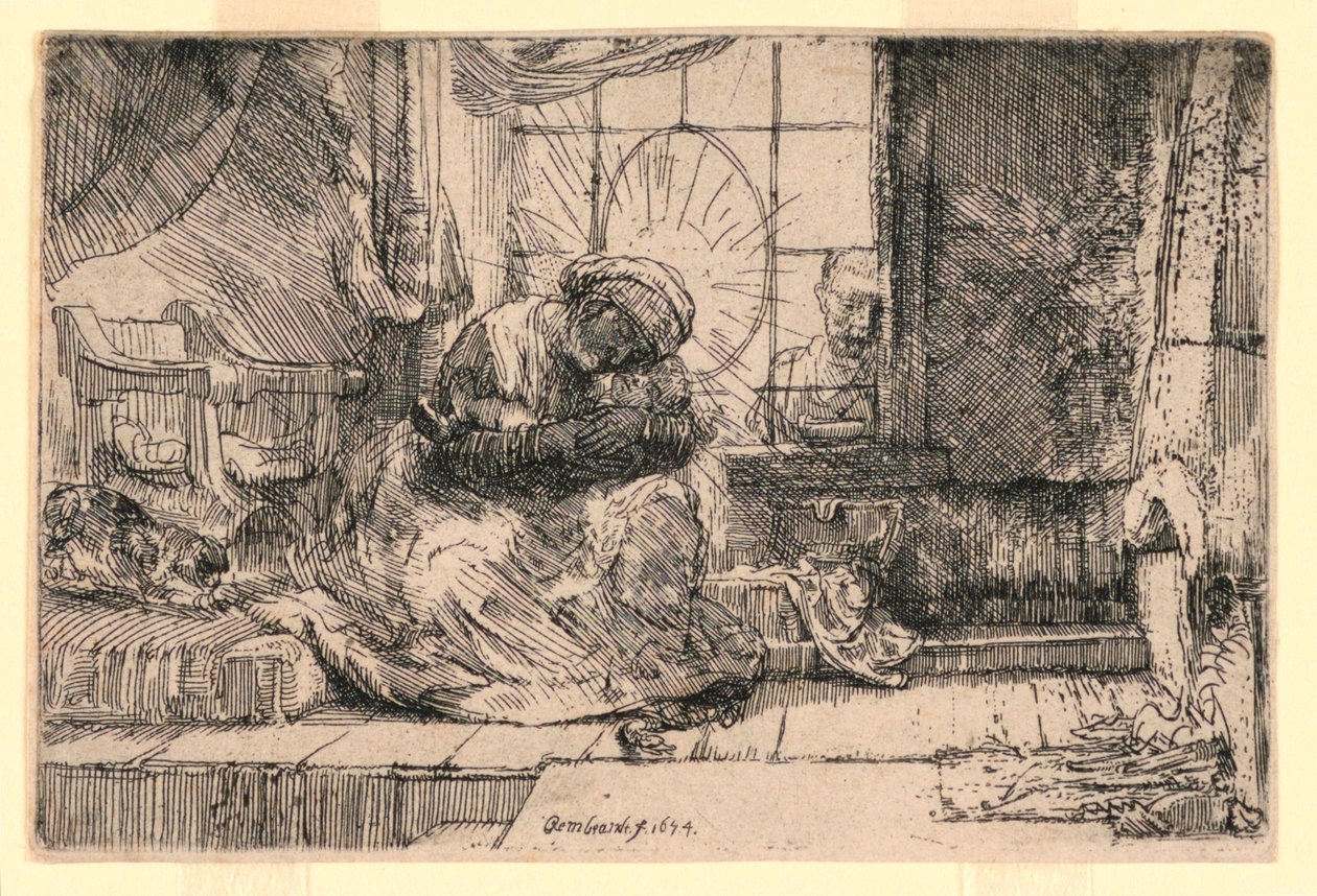 De Maagd en het Kind met de kat en Jozef bij het raam door Rembrandt van Rijn