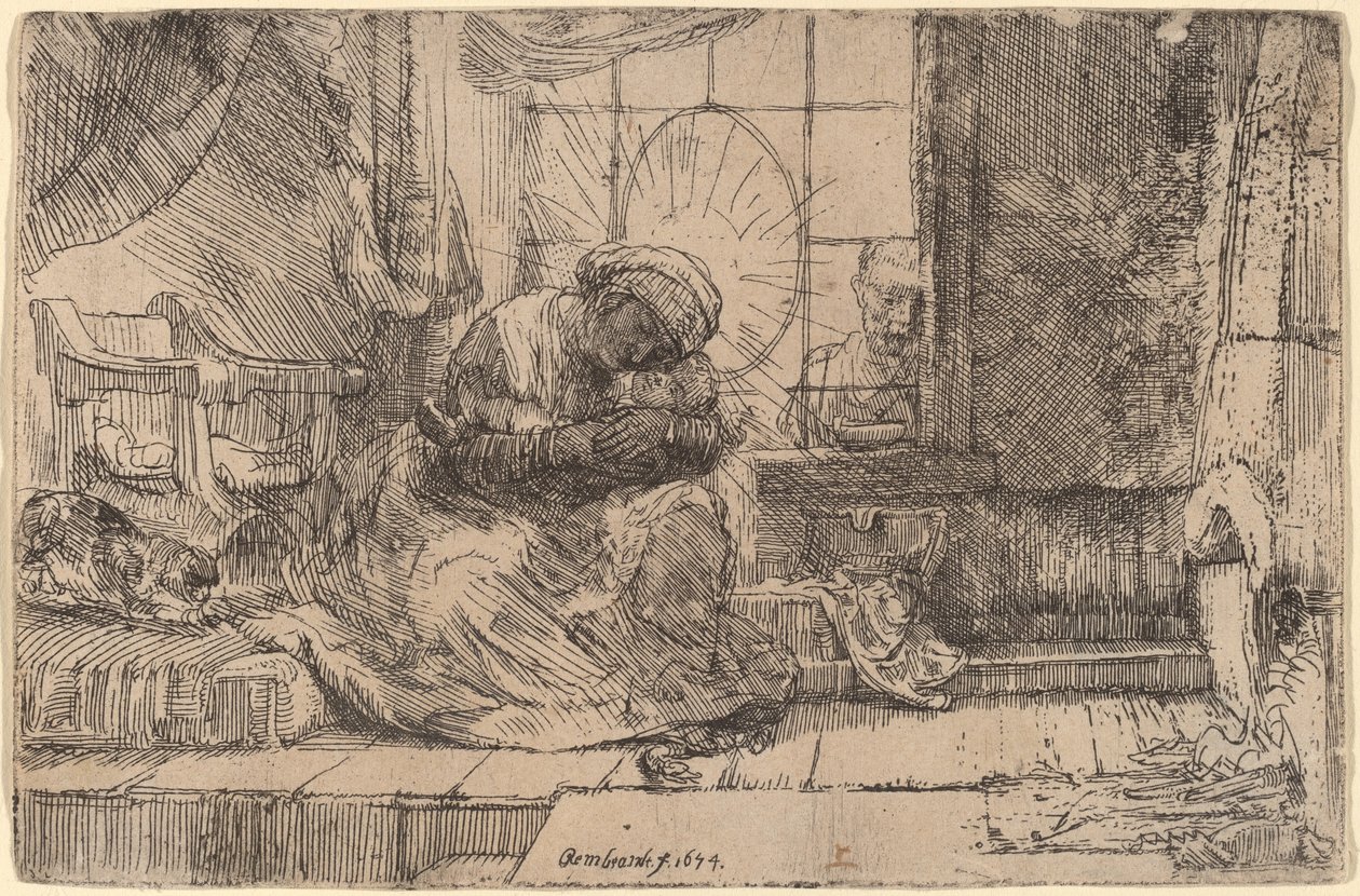 De Maagd en het Kind met de kat en slang door Rembrandt van Rijn