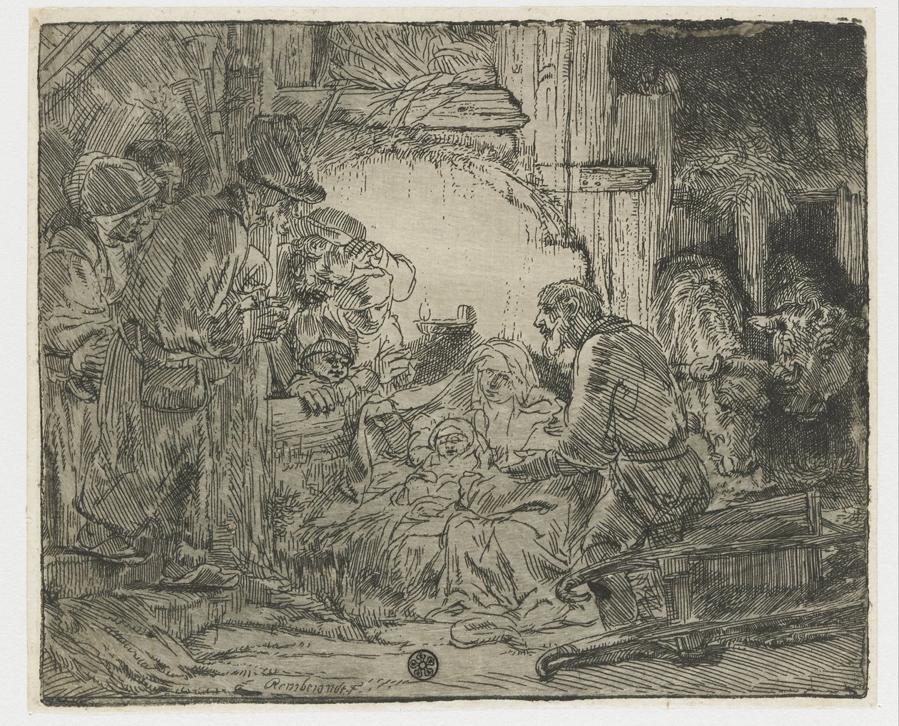 De aanbidding van de herders: met de lamp door Rembrandt van Rijn