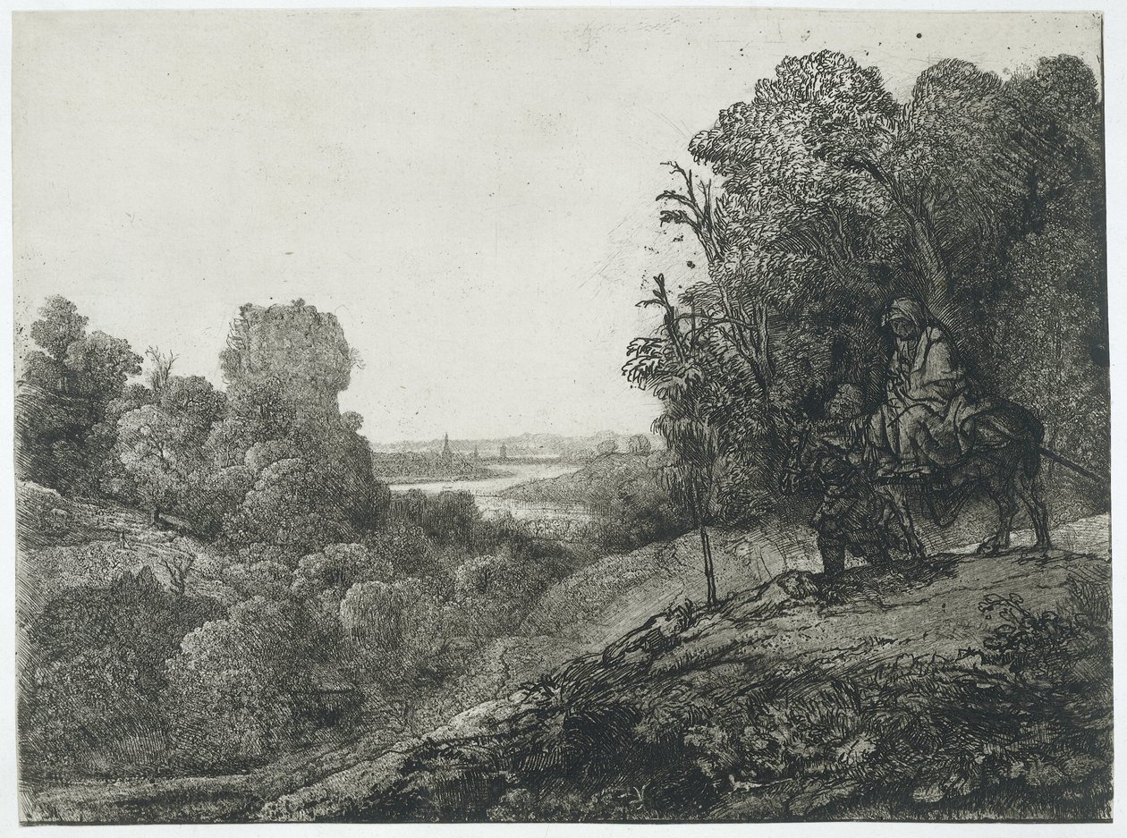 De vlucht naar Egypte: bewerkte prent van Seghers door Rembrandt van Rijn
