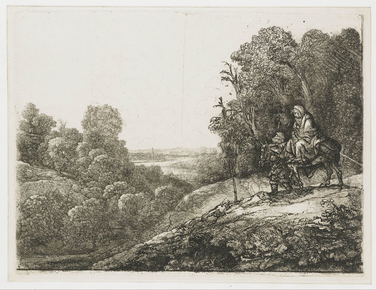 De vlucht naar Egypte: bewerkte prent van Seghers door Rembrandt van Rijn