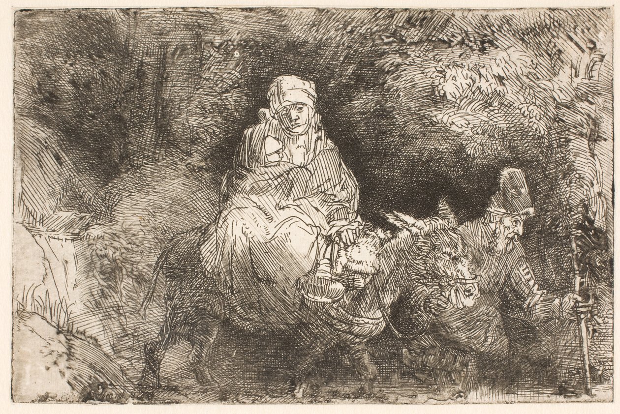 De vlucht naar Egypte: de Heilige Familie steekt een beekje over door Rembrandt van Rijn
