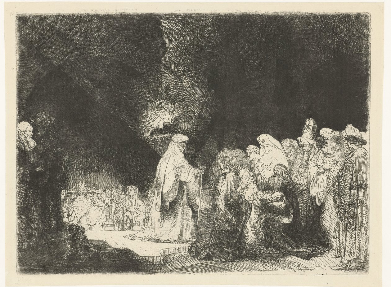 De presentatie in de tempel: langwerpige prent door Rembrandt van Rijn