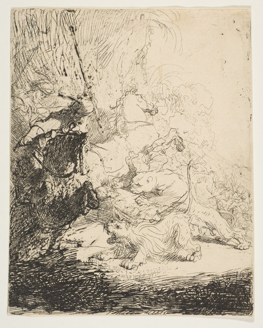 De kleine leeuwenjacht, met twee leeuwen door Rembrandt van Rijn