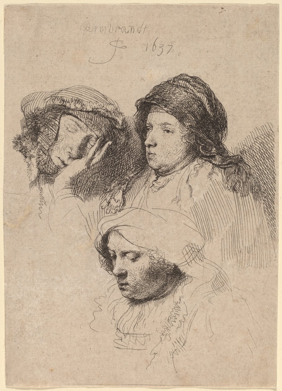 Drie Hoofden van Vrouwen, Eén Slapend door Rembrandt van Rijn