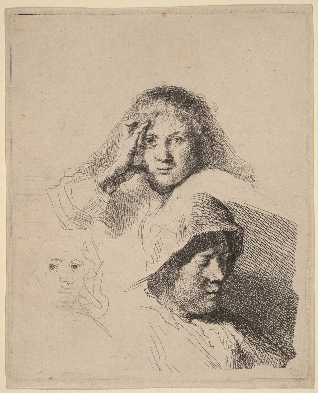 Drie vrouwenhoofden, waarvan één licht geëtst door Rembrandt van Rijn