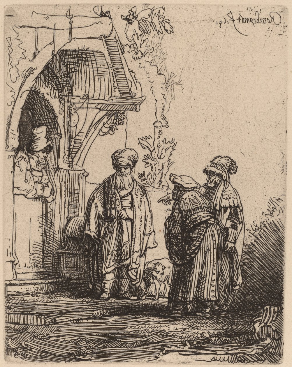 Drie oosterse figuren (Jacob en Laban?) door Rembrandt van Rijn