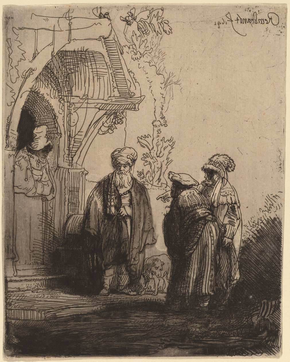 Drie oosterse figuren (Jacob en Laban?) door Rembrandt van Rijn