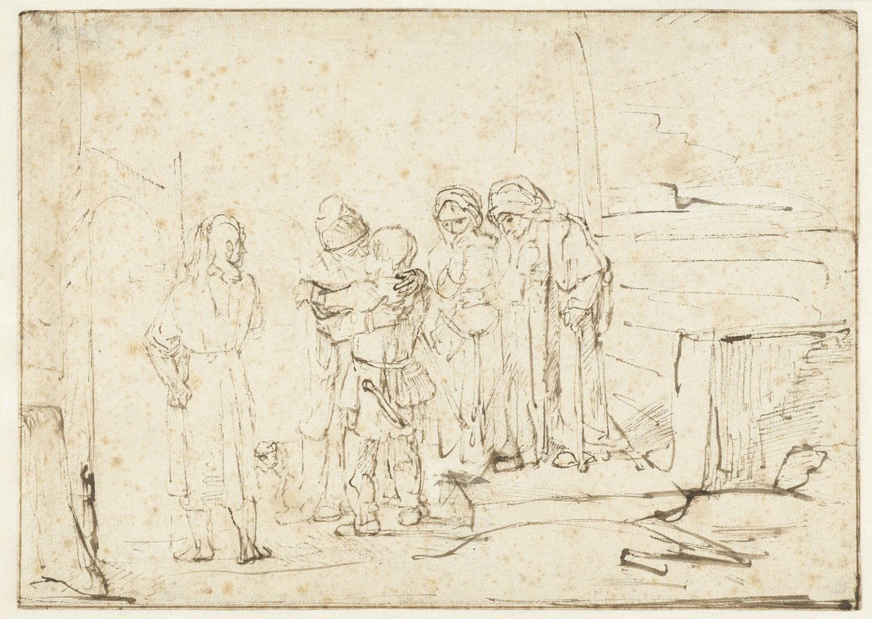 Tobias en de engel nemen afscheid van Raguel door Rembrandt van Rijn