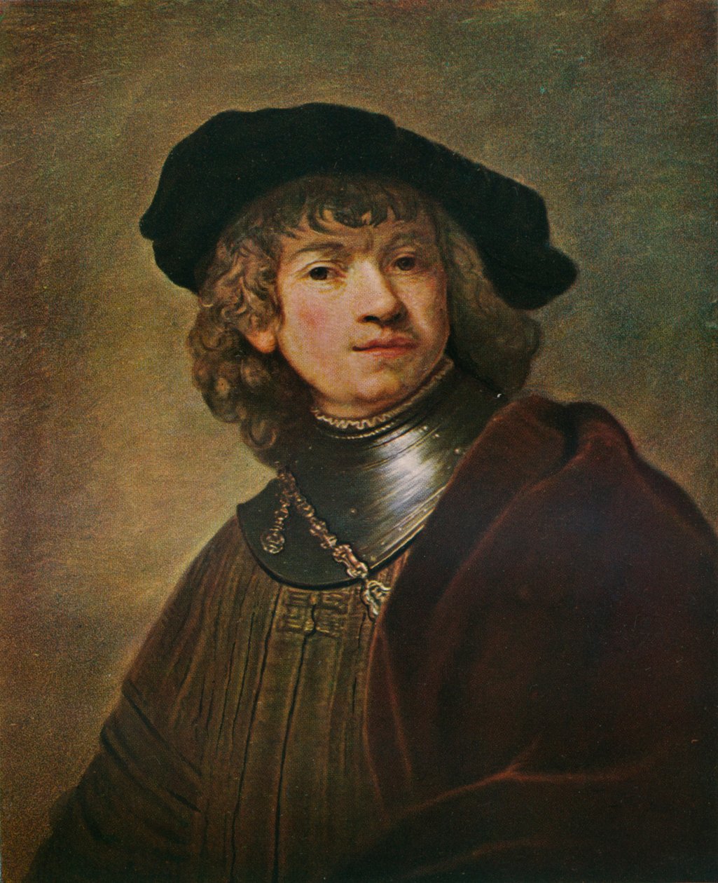 Tronie van een jonge man in een gorget en muts, ca. 1639 door Rembrandt van Rijn