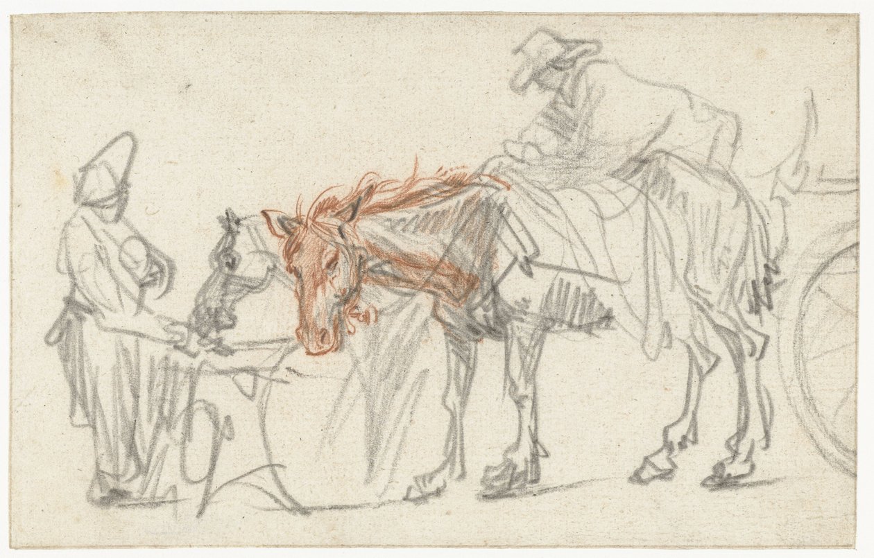 Twee paarden bij een rustplaats door Rembrandt van Rijn