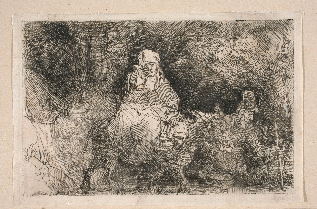De vlucht naar Egypte – De Heilige Familie steekt een beekje over door Rembrandt van Rijn
