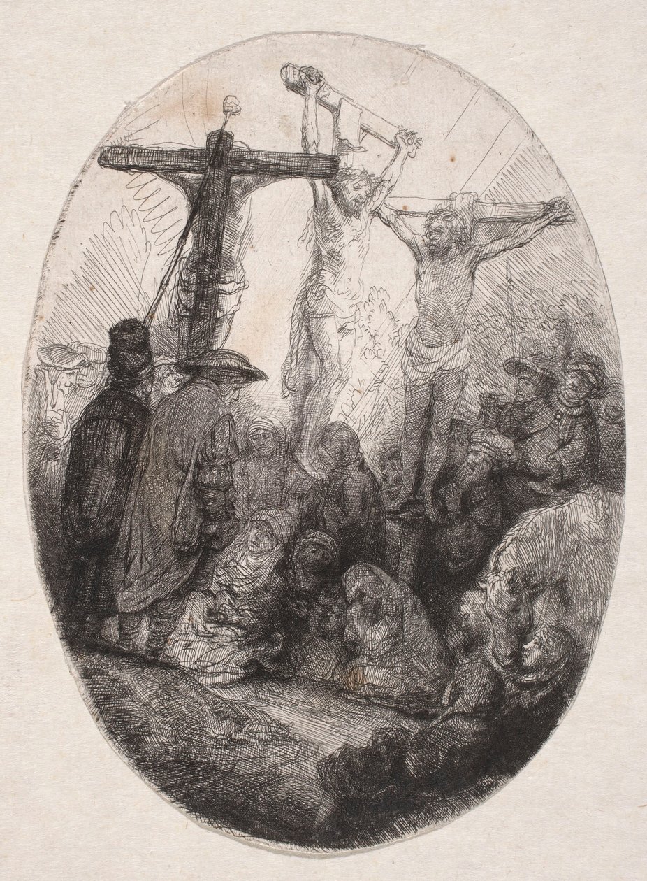 Kruisiging tussen twee misdadigers (ovale plaat) door Rembrandt van Rijn