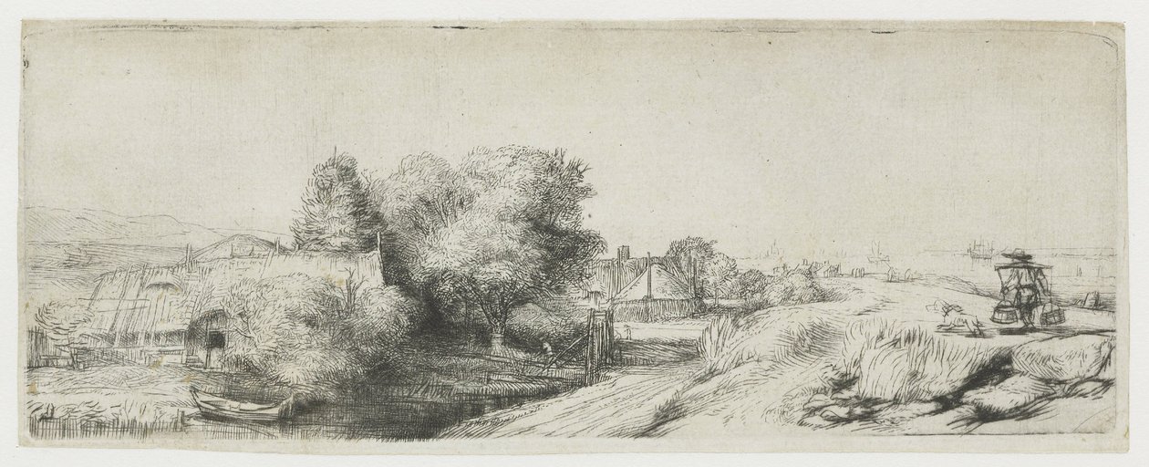 Uitzicht op de Diemerdijk met een melkboer en huisjes door Rembrandt van Rijn