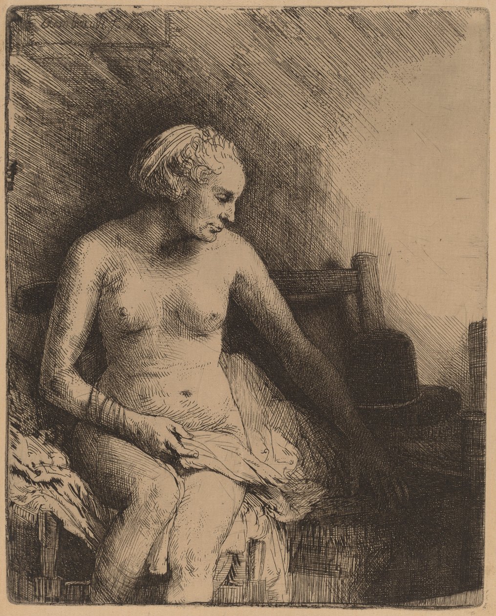 Vrouw bij het Bad met een Hoed naast Haar door Rembrandt van Rijn