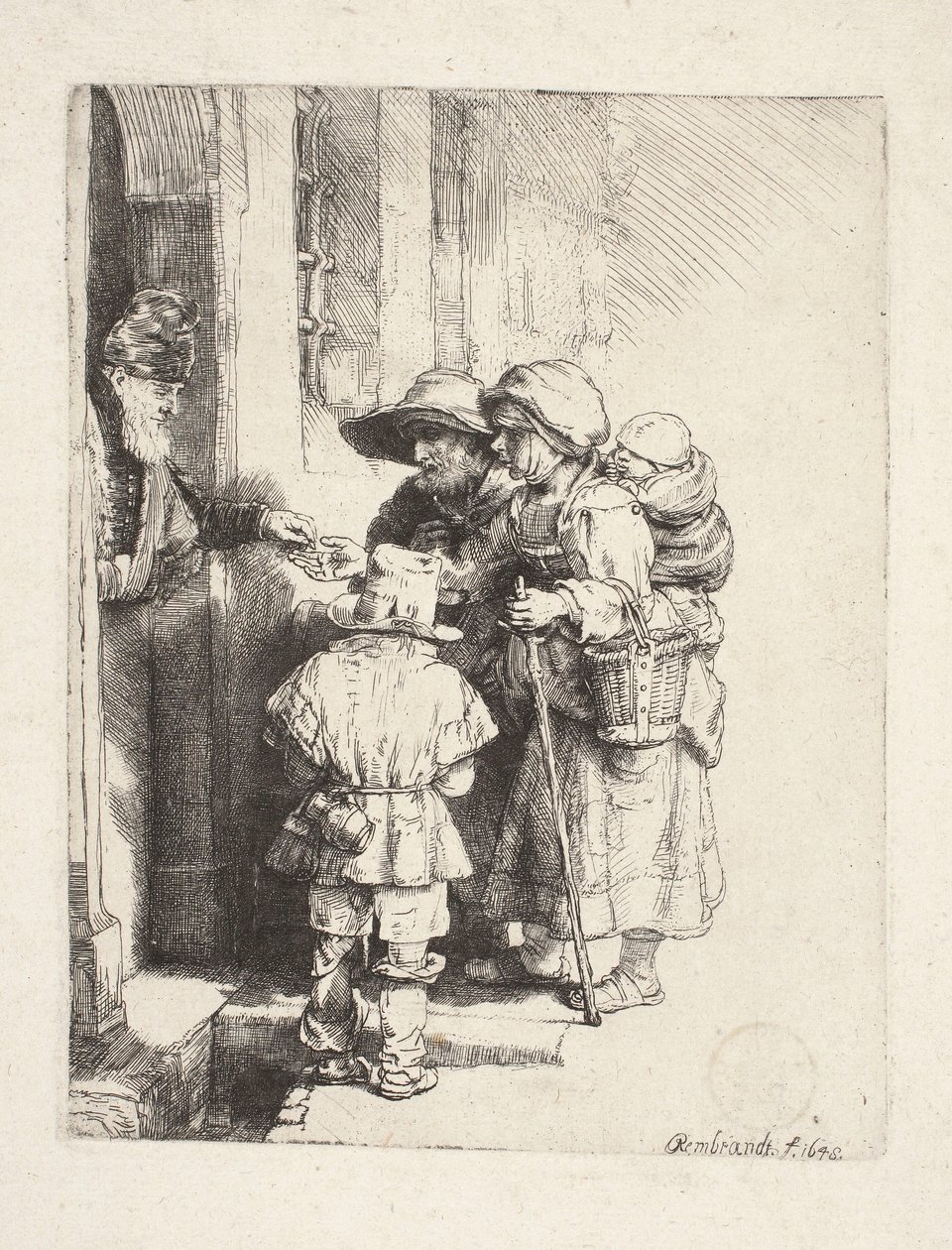 Bedelaars die aan de deur aalmoezen ontvangen door Rembrandt van Rijn