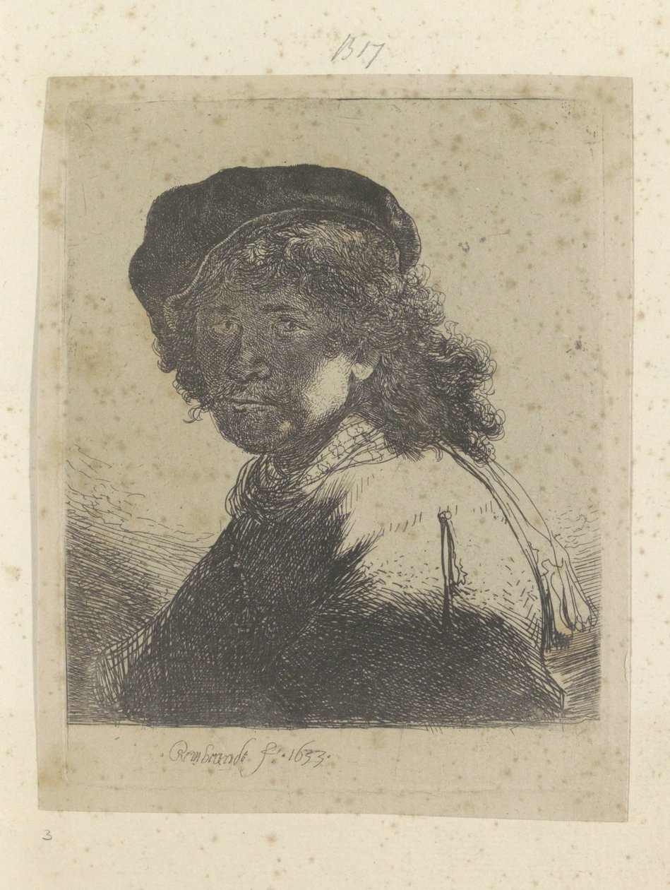 Zelfportret met baret en halsdoek, het gezicht in de schaduw door Rembrandt van Rijn