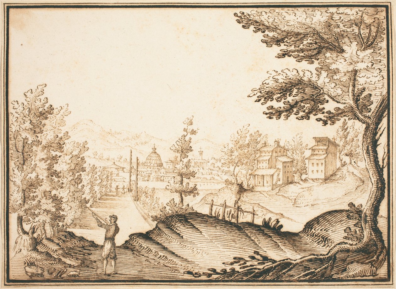 Een landschap met een koepelgebouw door Remigio Cantagallina