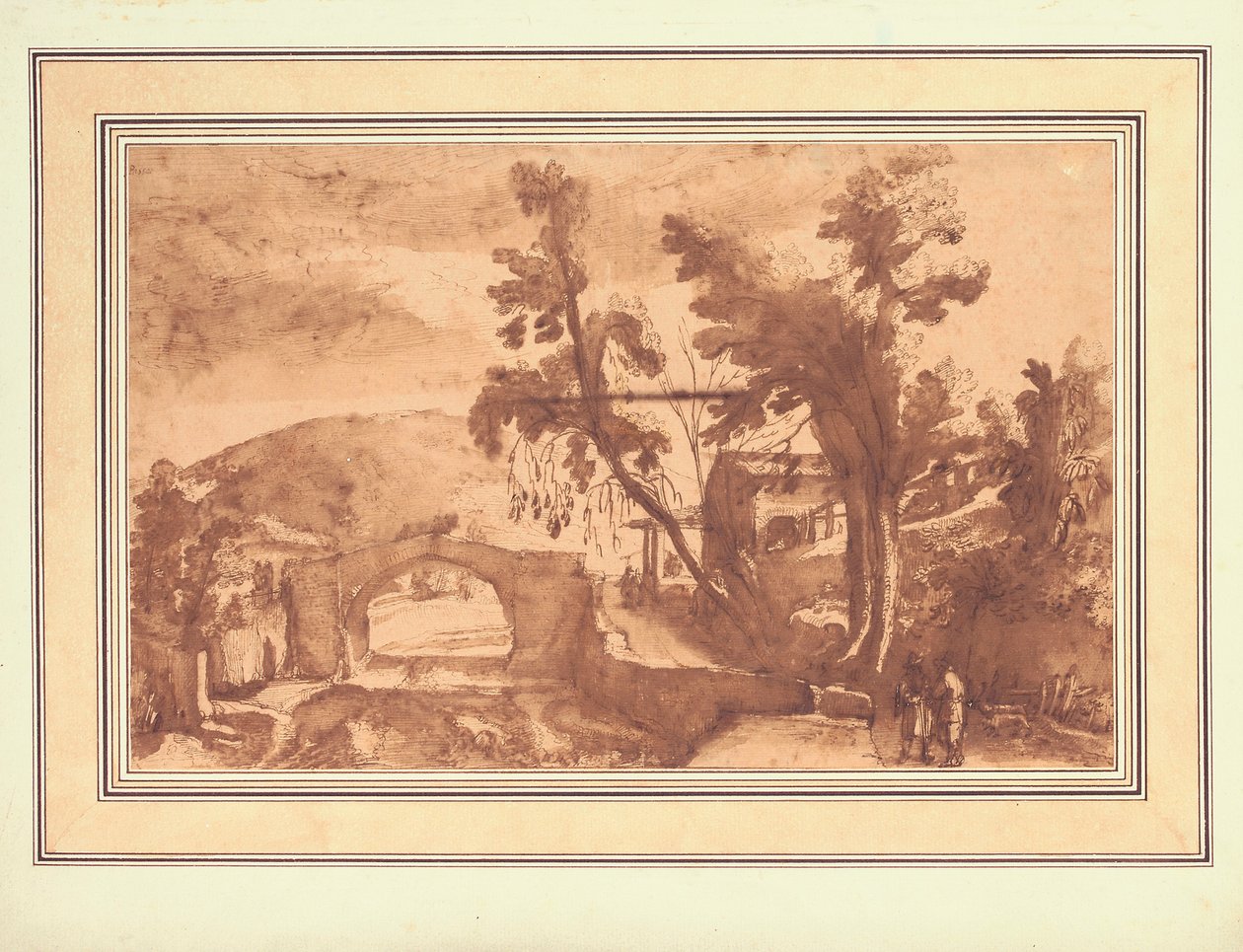 Een berglandschap met een brug over een rivier, figuren op een weg bij een boerderij rechts (inkt  wassing met krijt op papier) door Remigio Cantagallina