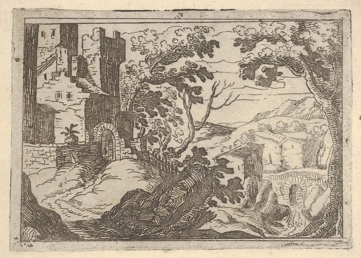 Landschap met gebouwen links en een brug rechts beneden door Remigio Cantagallina