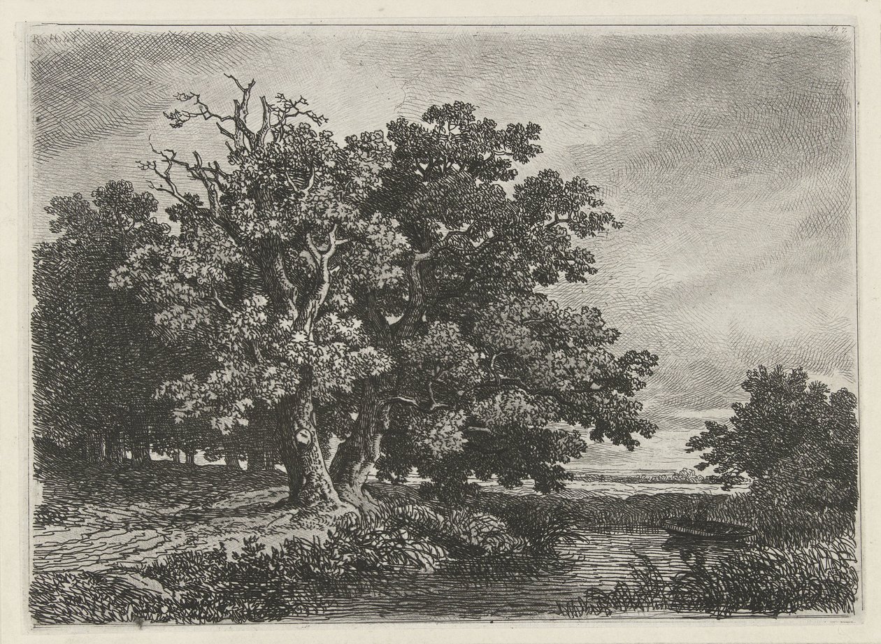 Bomen aan een plas met een bootje door Remigius Adrianus Haanen